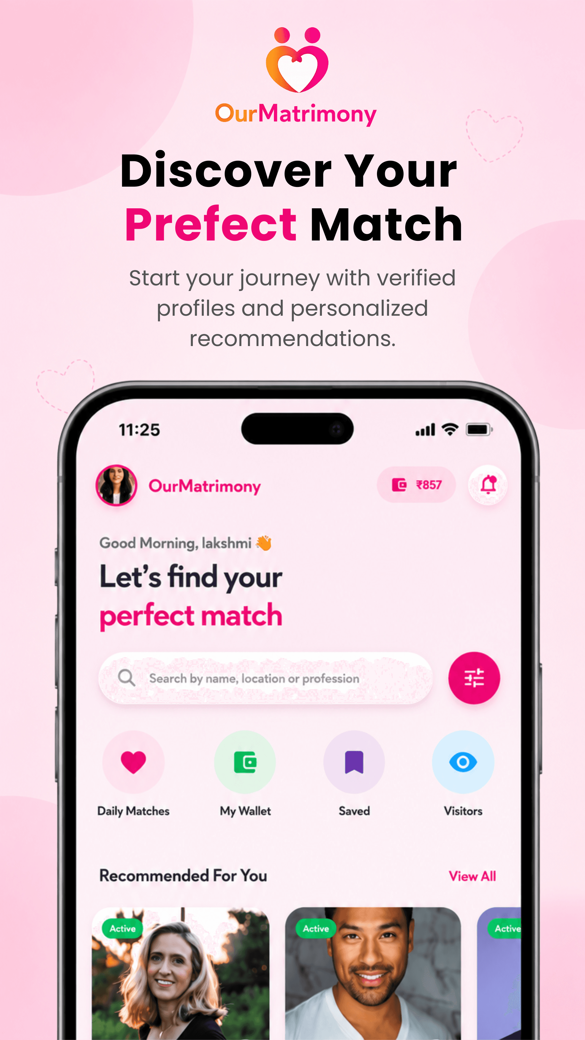 OurMatrimony Home screen showing search bar, Daily Matches, My Wallet, Saved, Visitors, and Recommended For You profiles