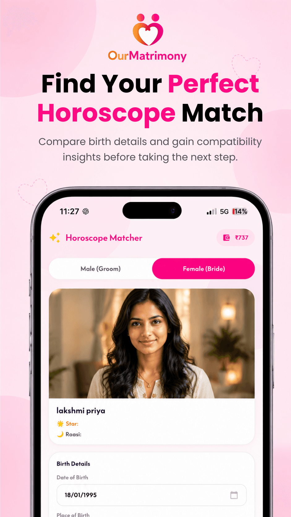OurMatrimony Horoscope Matcher screen comparing birth details and compatibility