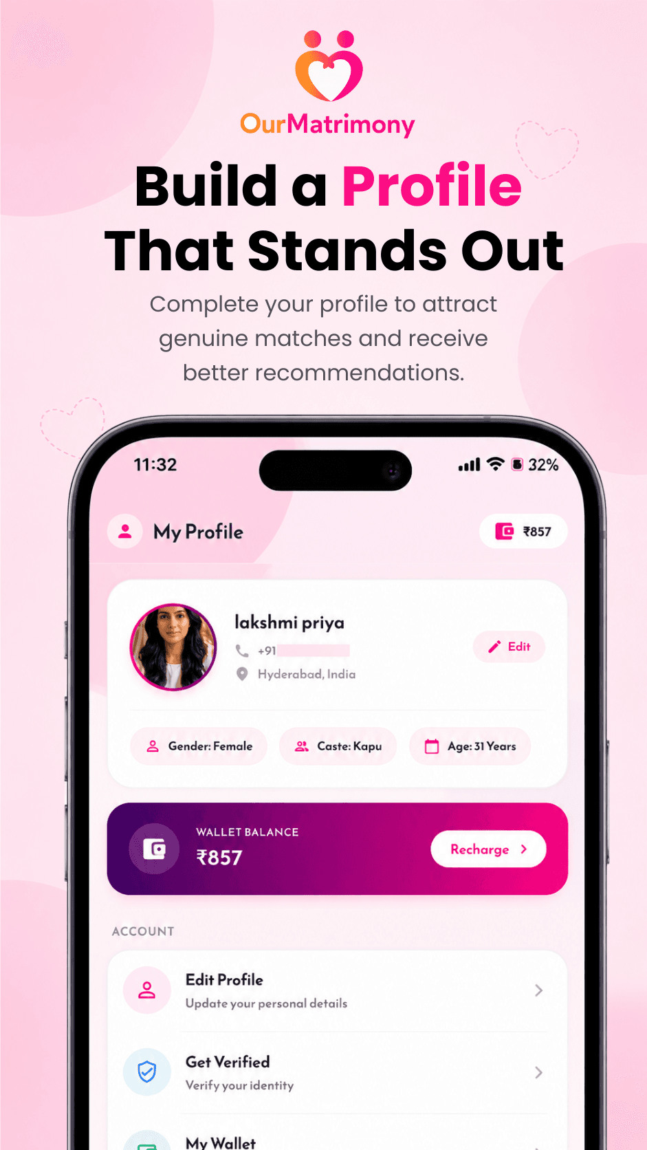 OurMatrimony My Profile screen showing user details, Wallet Balance recharge card, Edit Profile, and Get Verified