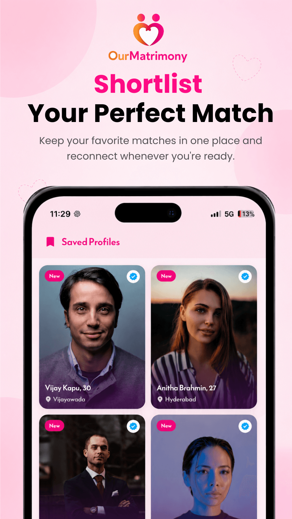 OurMatrimony Saved Profiles screen displaying shortlisted matches with verified badges and city details